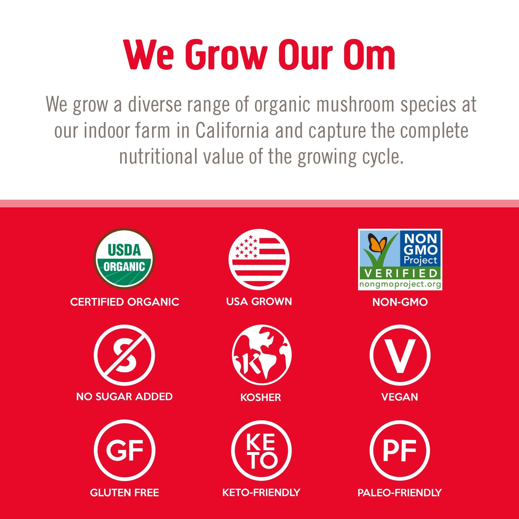 OM MUSHROOM SUPERFOOD comparativa de tamaño del paquete mostrando 200 g y porciones
