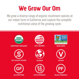 OM MUSHROOM SUPERFOOD comparativa de tamaño del paquete mostrando 200 g y porciones