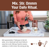 OM MUSHROOM SUPERFOOD taza servida lista para beber, sabor rico
