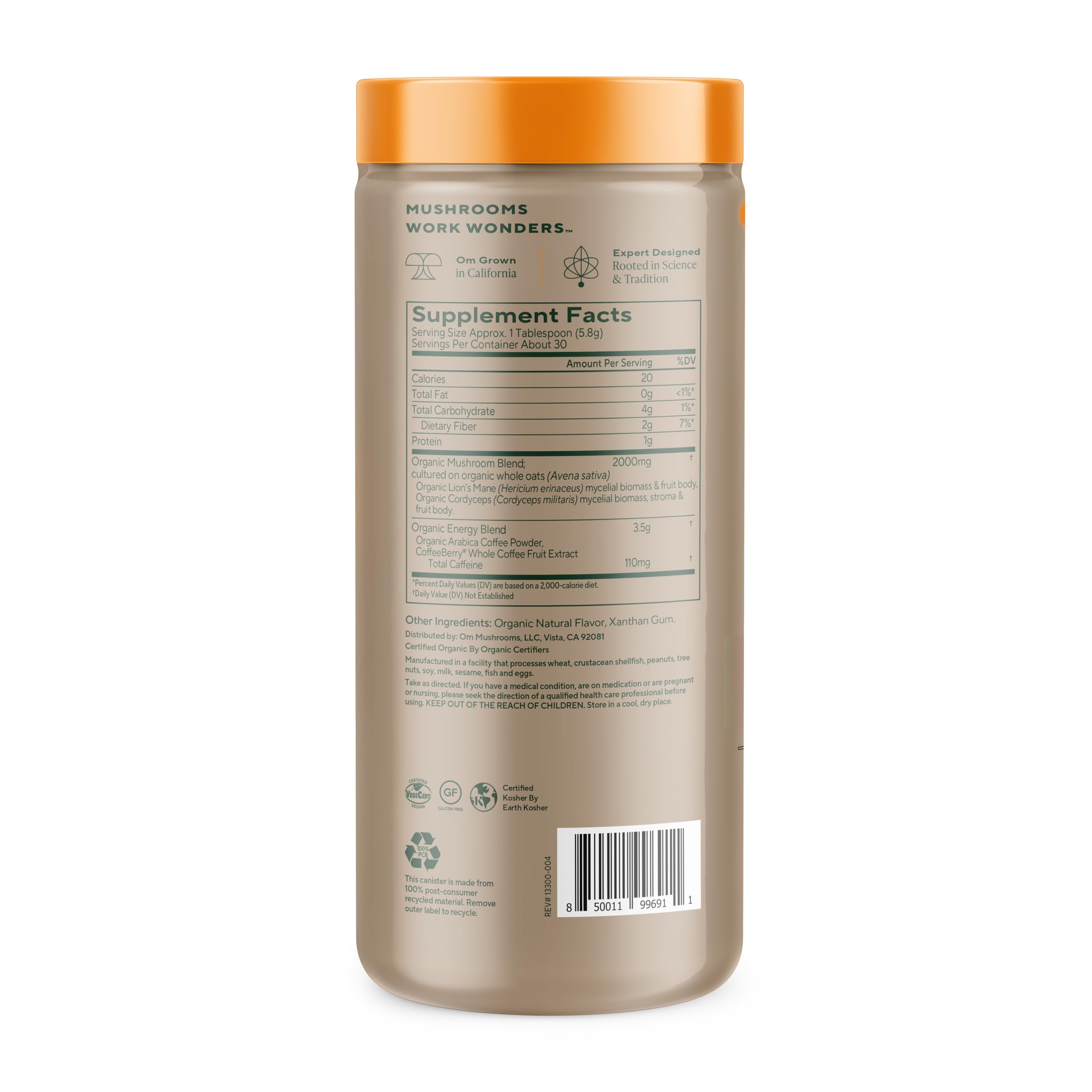 OM MUSHROOM SUPERFOOD bote en mano para apreciar tamaño práctico
