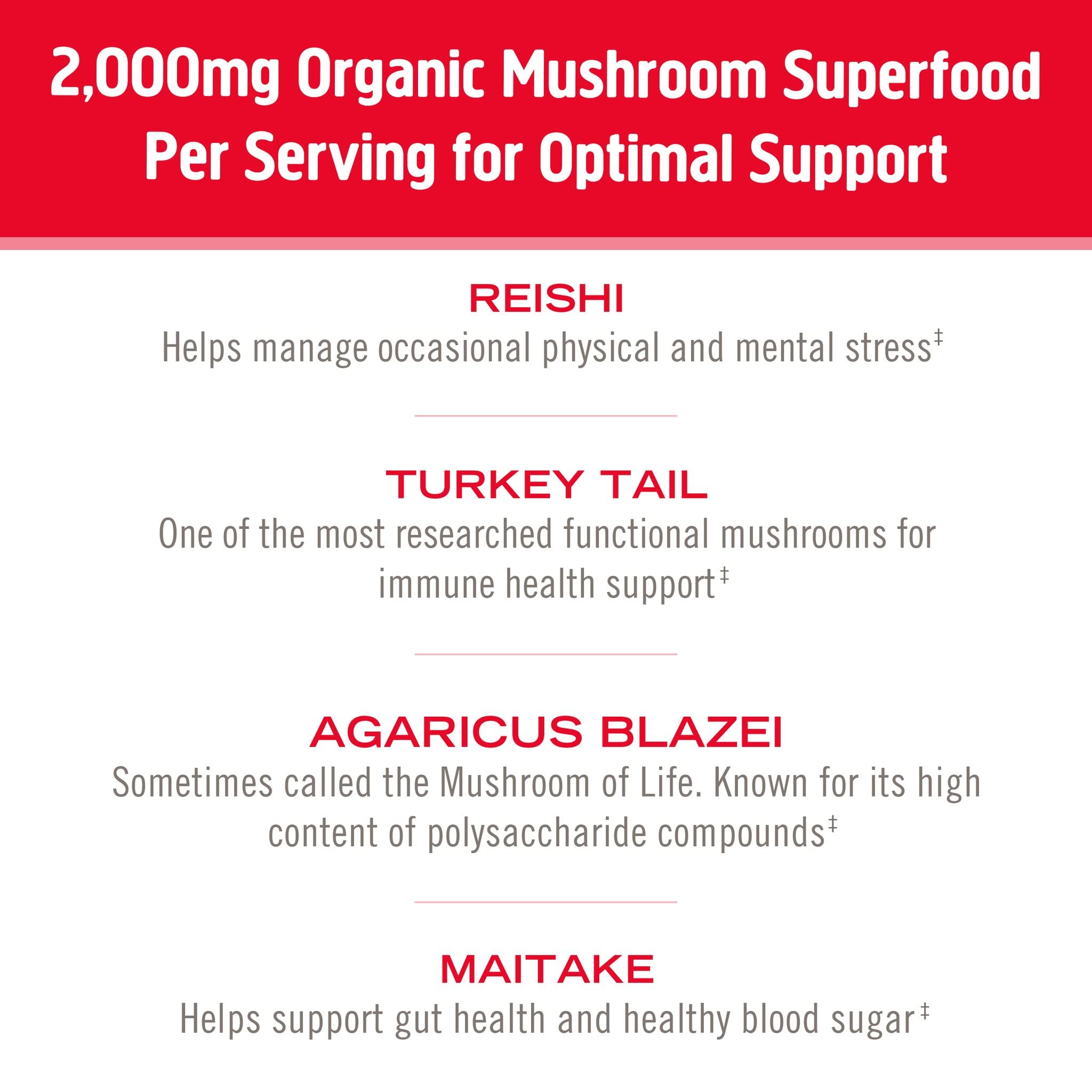 OM MUSHROOM SUPERFOOD close-up de Turkey Tail ilustrando soporte de cepas variadas