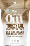 OM MUSHROOM SUPERFOOD envase frontal mostrando 50 porciones y beneficio de conveniencia