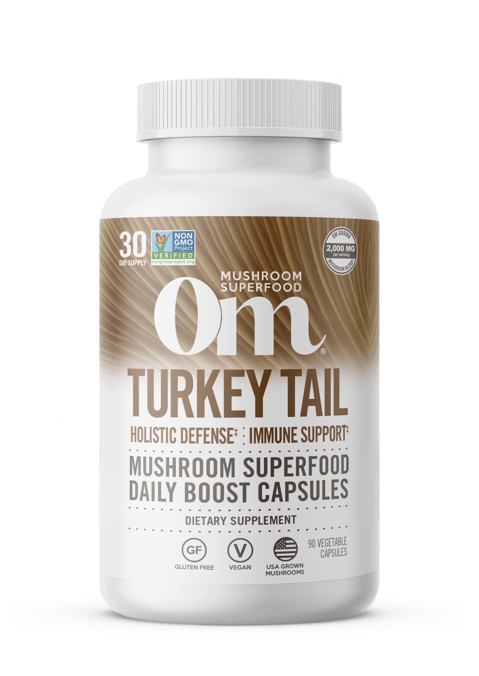 OM MUSHROOM SUPERFOOD frasco frontal mostrando etiqueta clara y beneficios