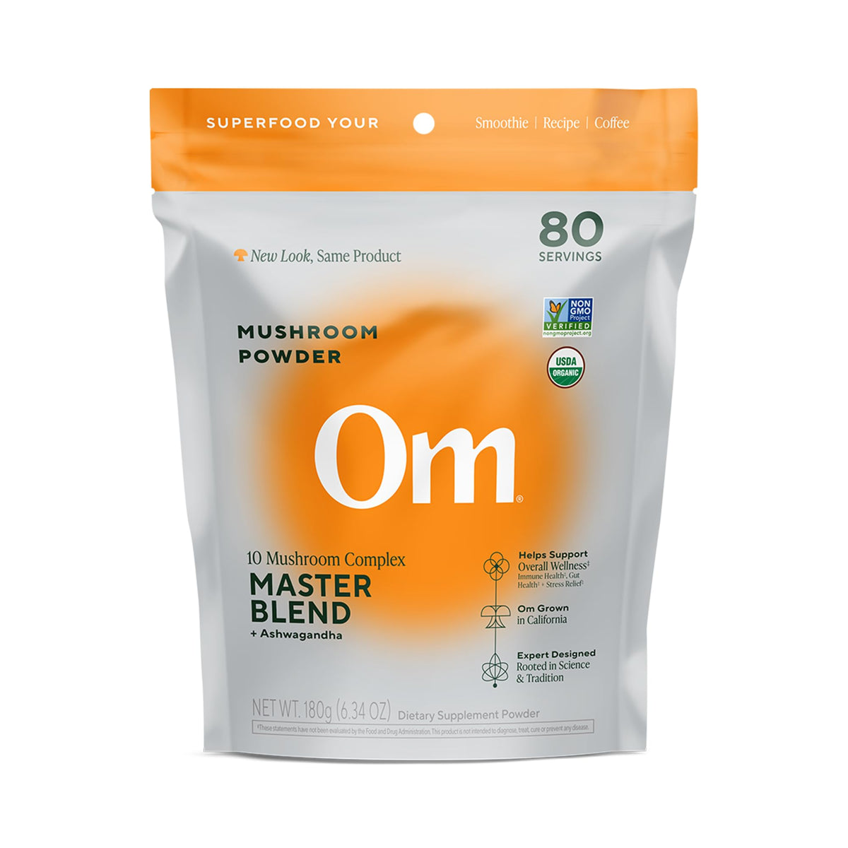 OM MUSHROOMS envase frontal del Master Blend mostrando etiqueta clara y beneficios