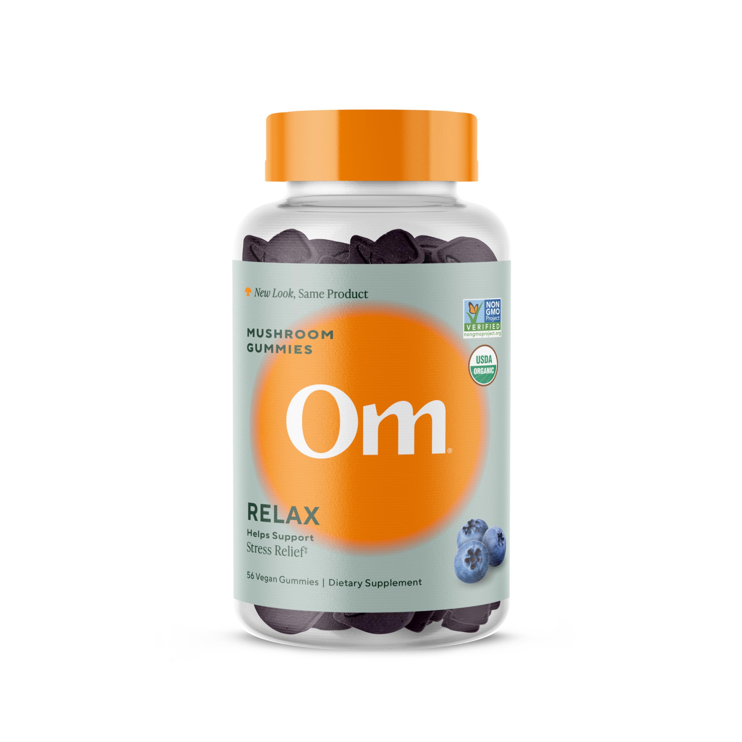 OM MUSHROOM SUPERFOOD envase frontal con gominolas arándano y certificación orgánica