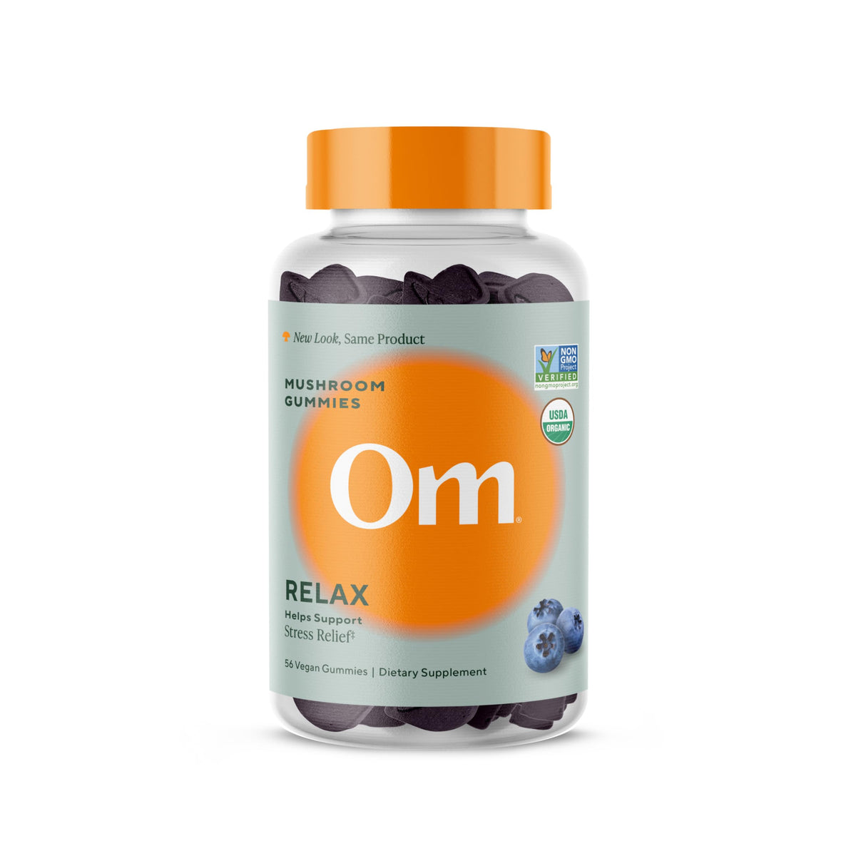 OM MUSHROOM SUPERFOOD envase frontal con gominolas arándano y certificación orgánica