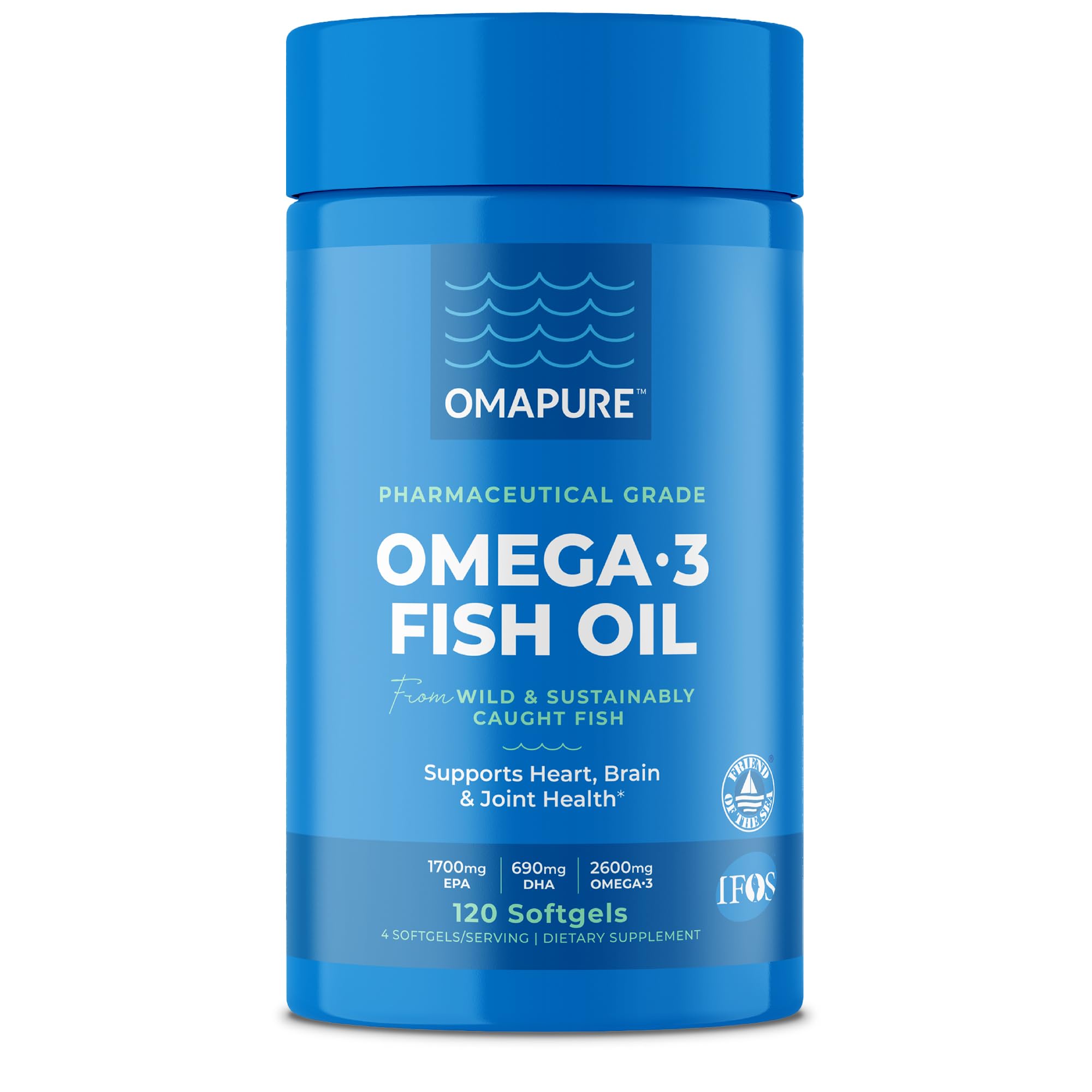 OMAPURE envase frontal mostrando 120 softgels y beneficios principales