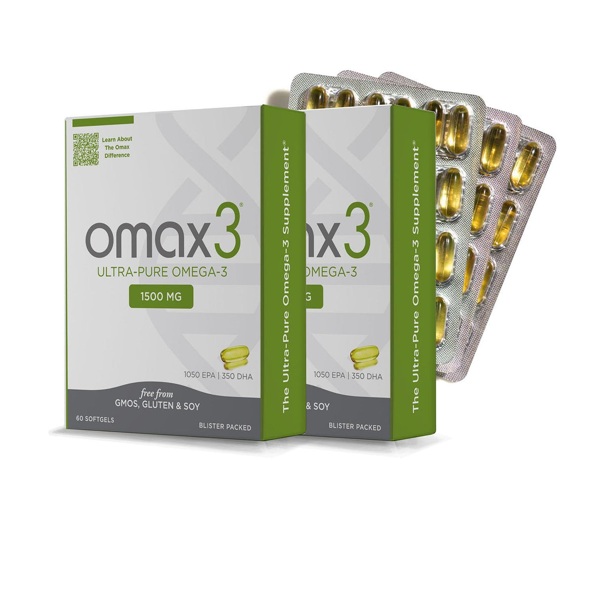 Omax3 vista frontal del empaque en blísteres, conveniencia de viaje