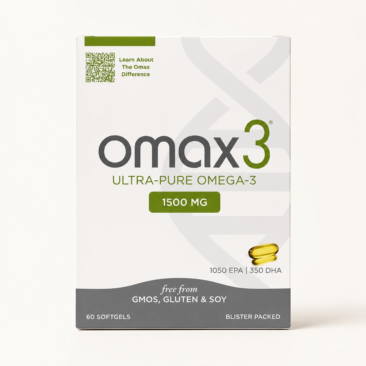 Omax3 frontal del empaque en blíster mostrando sello de pureza y conveniencia