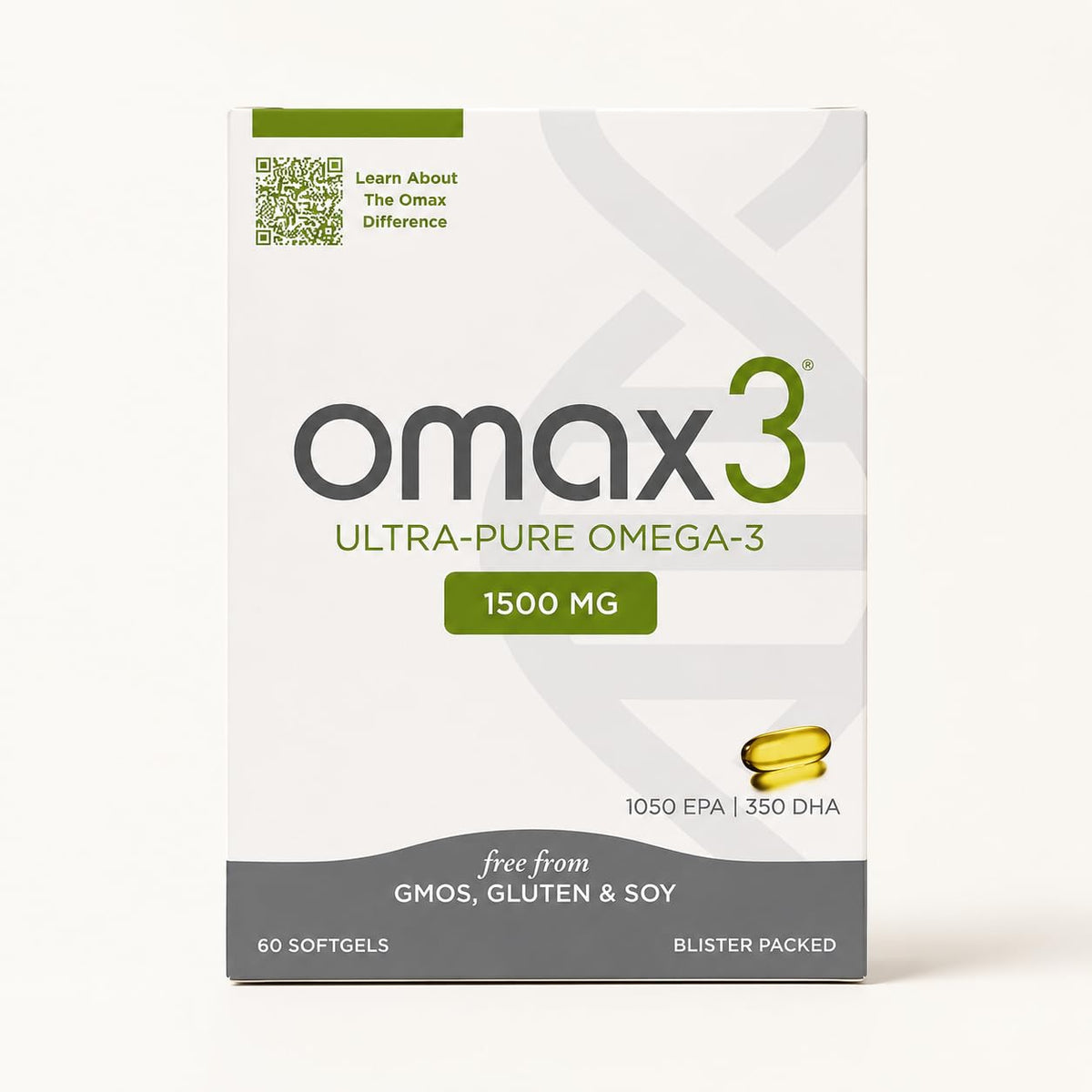 Omax3 frontal del empaque en blíster mostrando sello de pureza y conveniencia