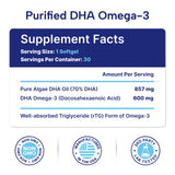 OmegaVia etiqueta nutricional enfatiza 600 mg de DHA por cápsula