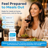 Omne Diem suplemento en mesa con alimentos ricos en histamina, ayuda a tolerar comidas