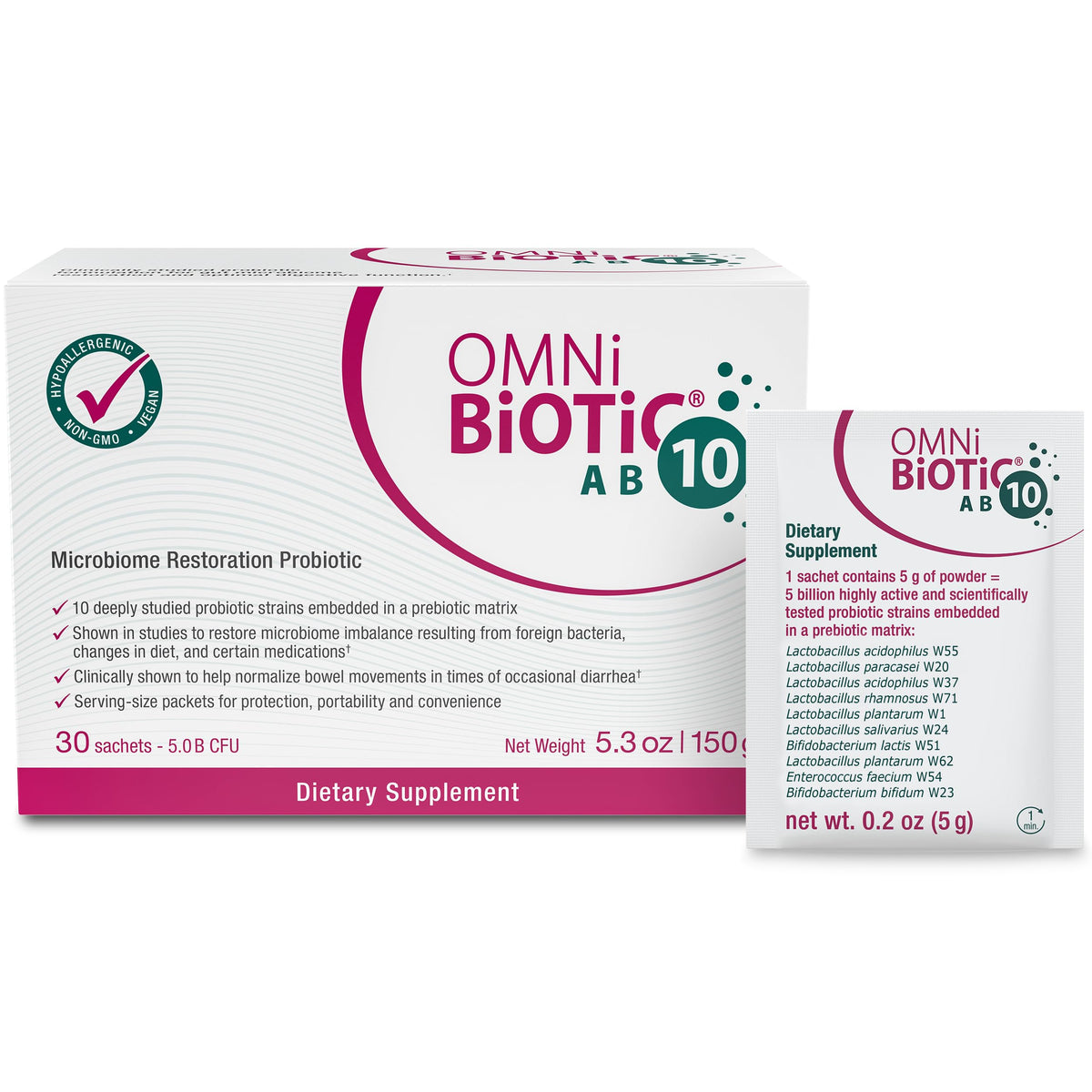 OMNi BiOTiC paquete frontal mostrando 30 sobres y beneficios prácticos