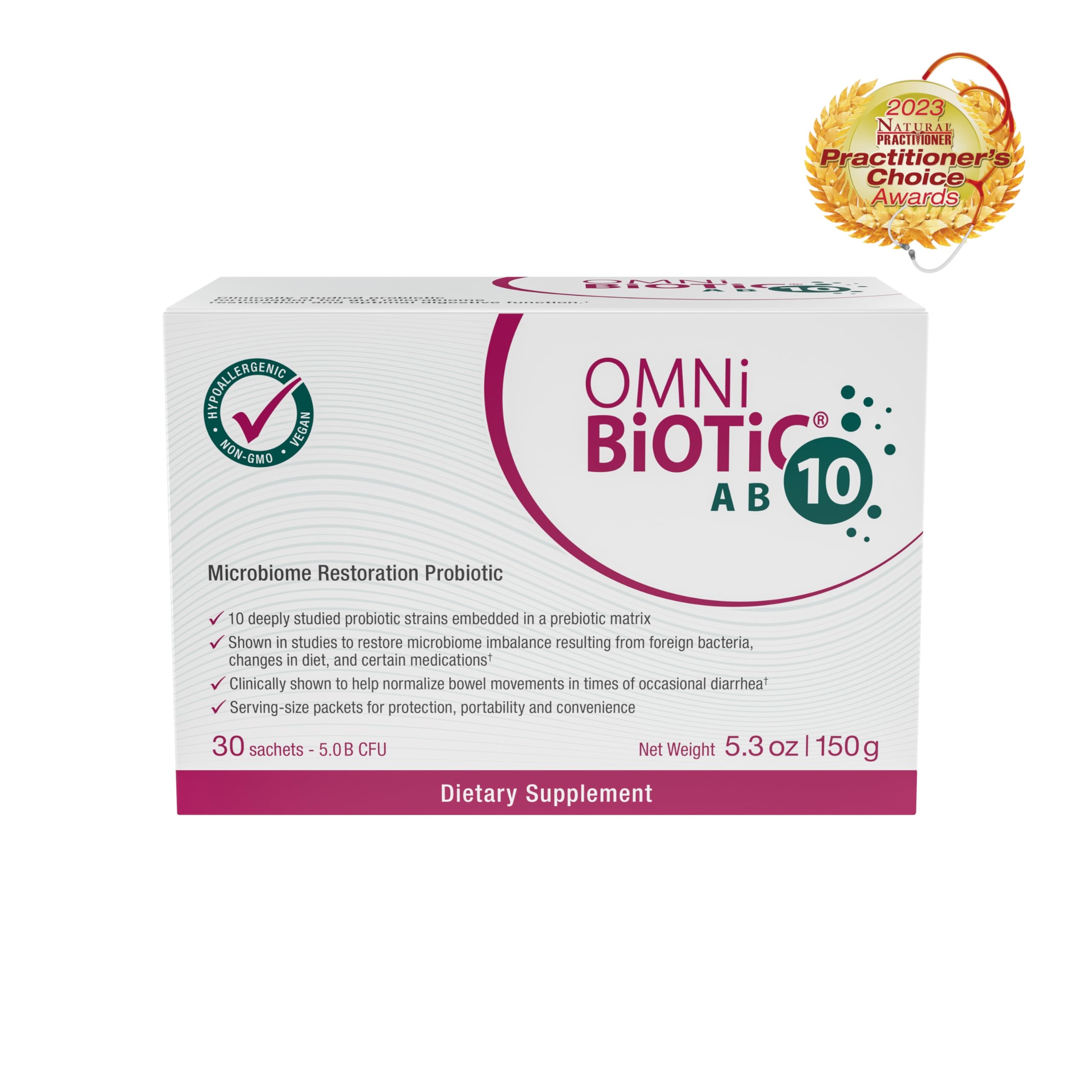 OMNi BiOTiC sobre individual en mano indicando portátil y uso fácil