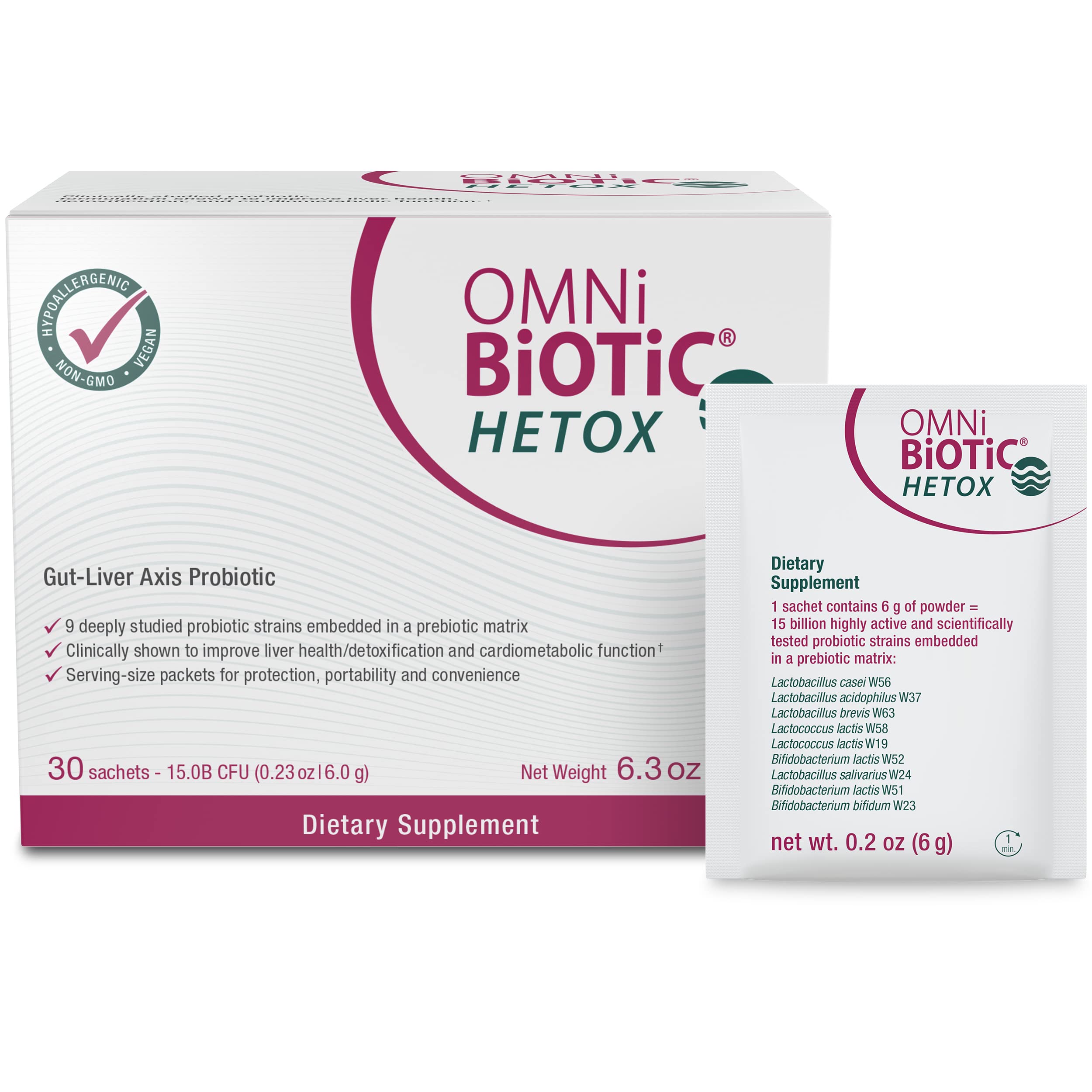 OMNi BiOTiC HETOX frente del empaque mostrando presentación y beneficios