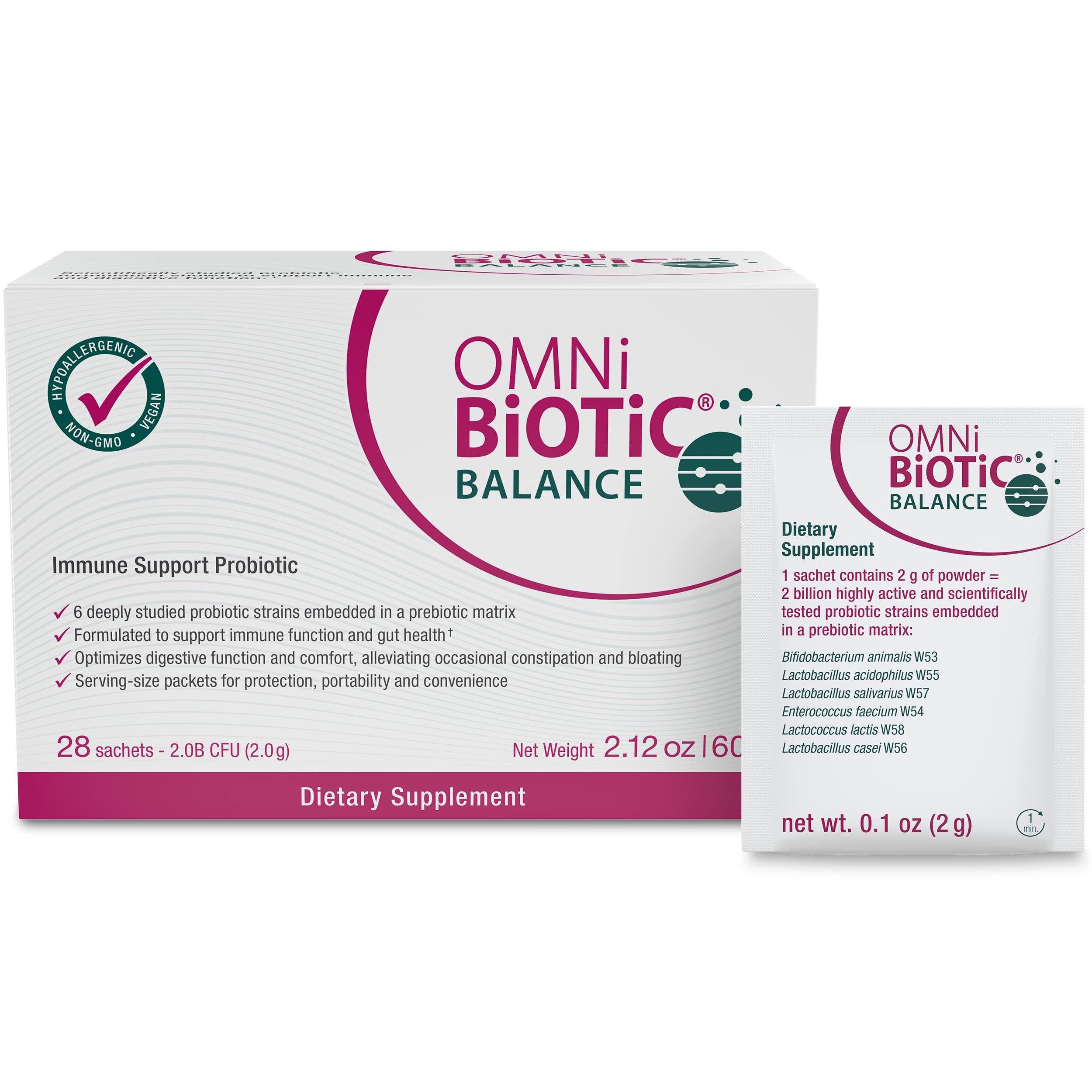 OMNi BiOTiC embalaje frontal mostrando el formato y beneficios prácticos