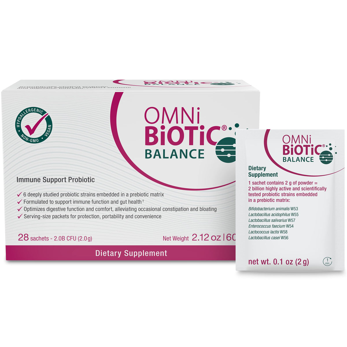 OMNi BiOTiC embalaje frontal mostrando el formato y beneficios prácticos