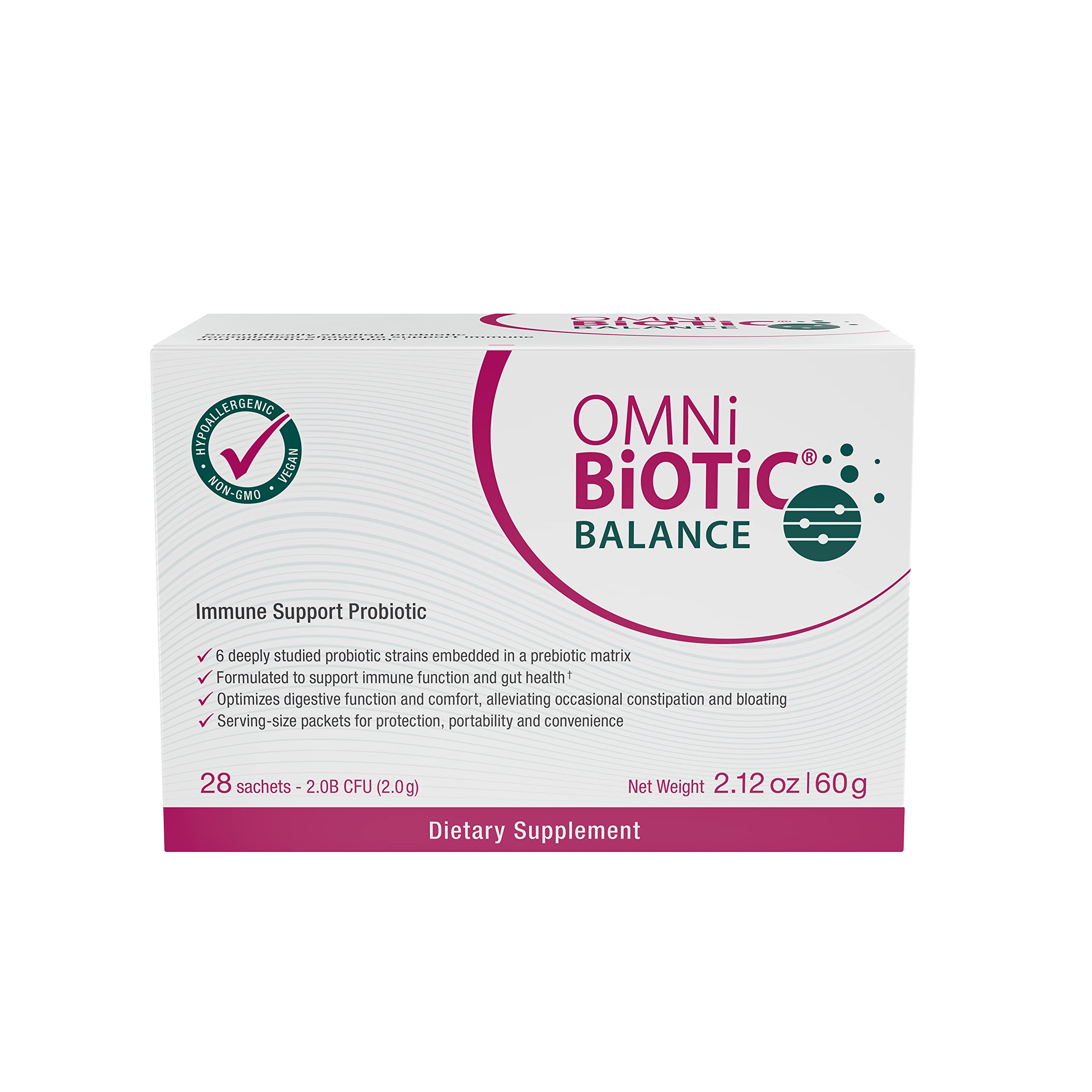 OMNi BiOTiC sobre abierto con polvo, demostrando dosis precisa y portátil