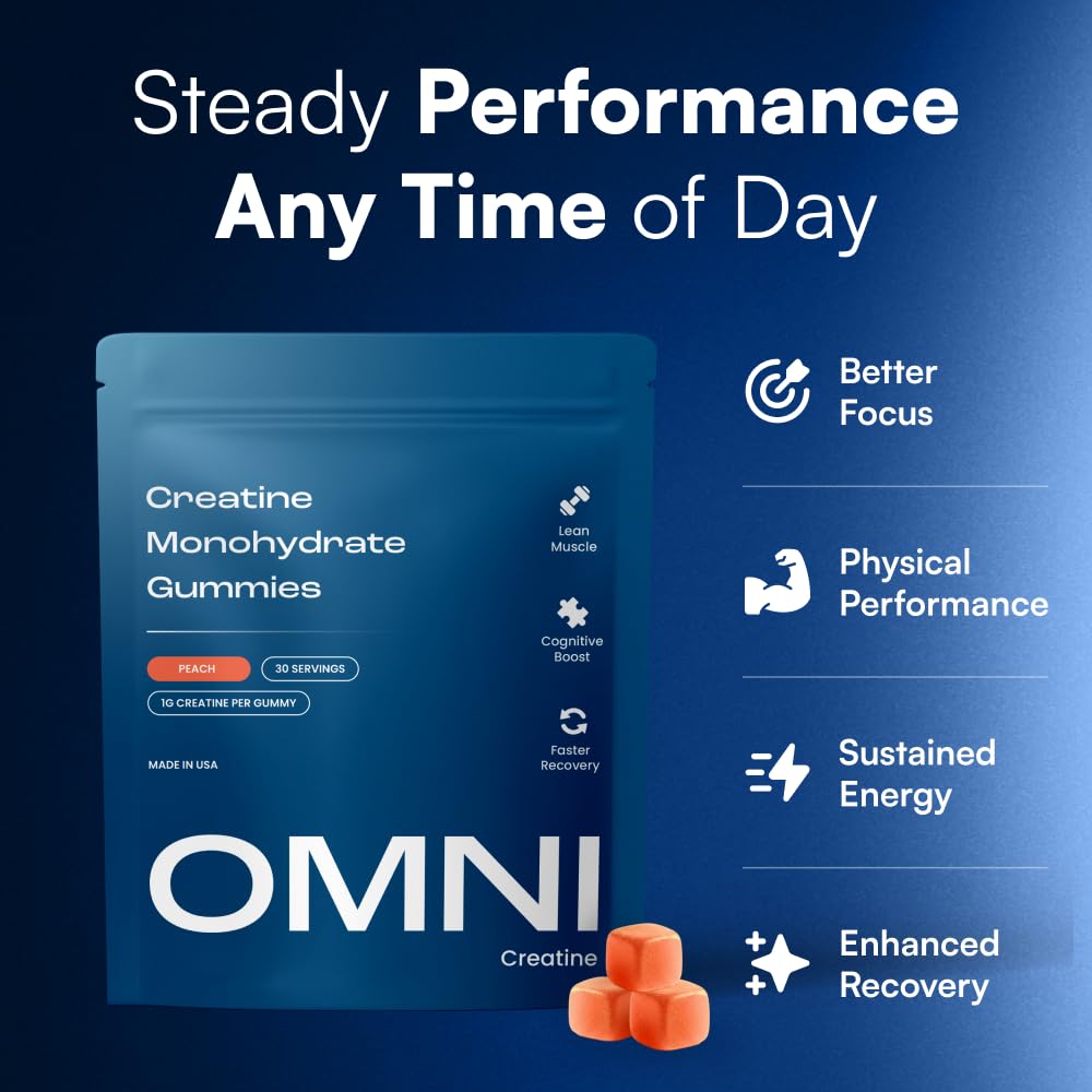 OMNI Creatine gominola en mano mostrando tamaño fácil de llevar