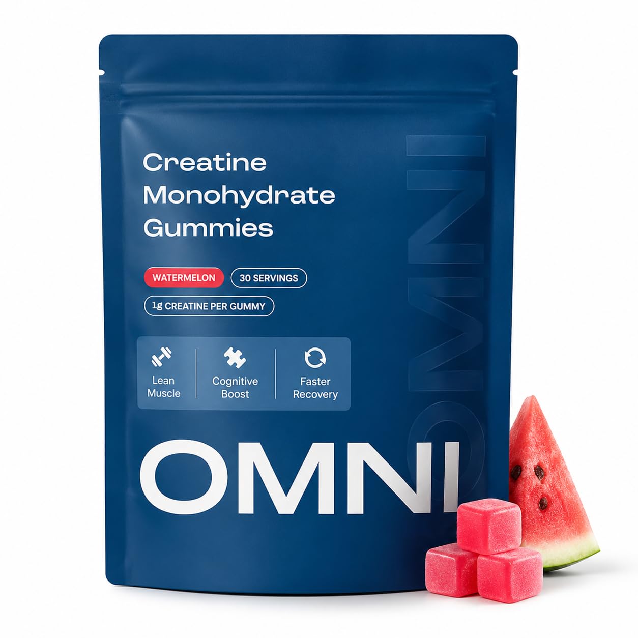 Omni Creatine Gummies empaque frontal mostrando dosis y sabor sandía