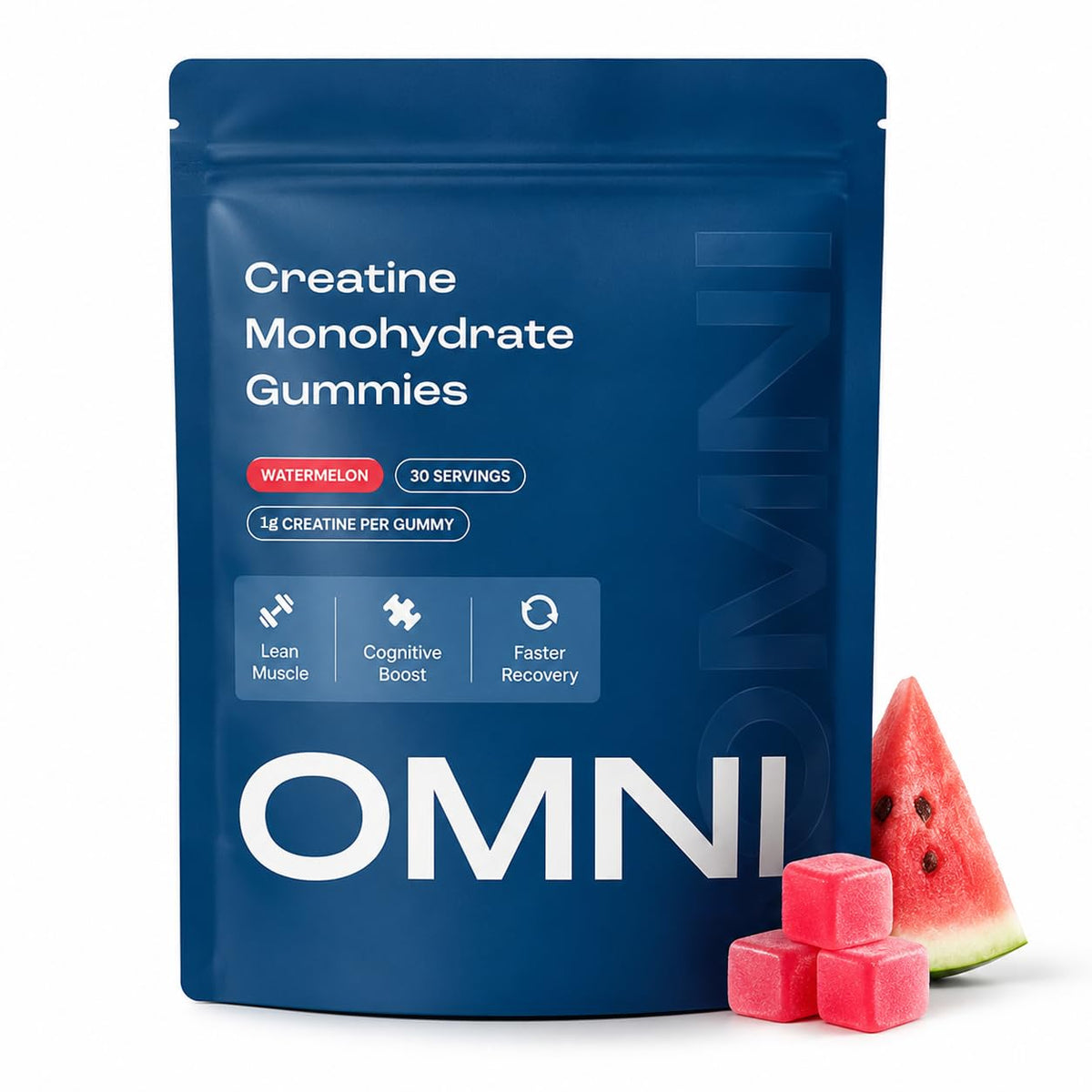 Omni Creatine Gummies empaque frontal mostrando dosis y sabor sandía