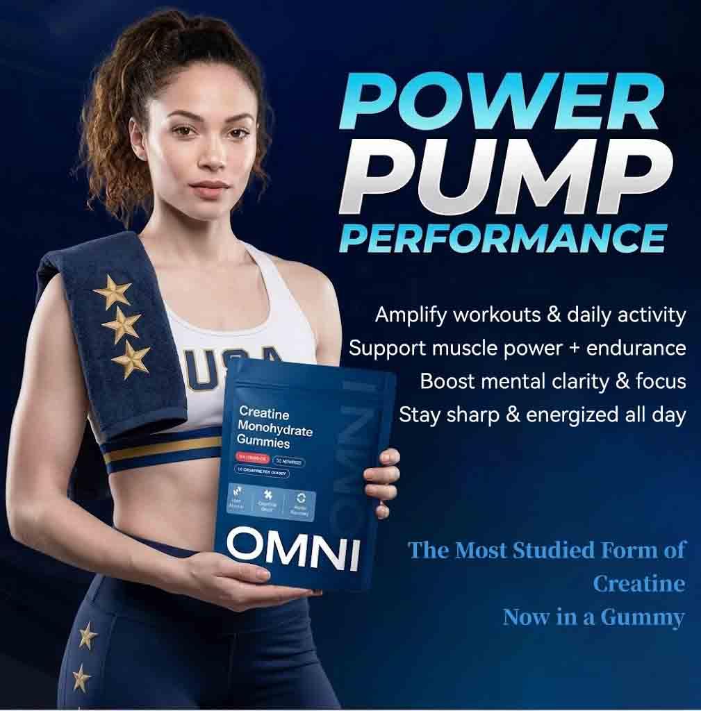 Omni Creatine Gummies botella en mesa para llevar, práctico y portable