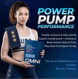 Omni Creatine Gummies botella en mesa para llevar, práctico y portable