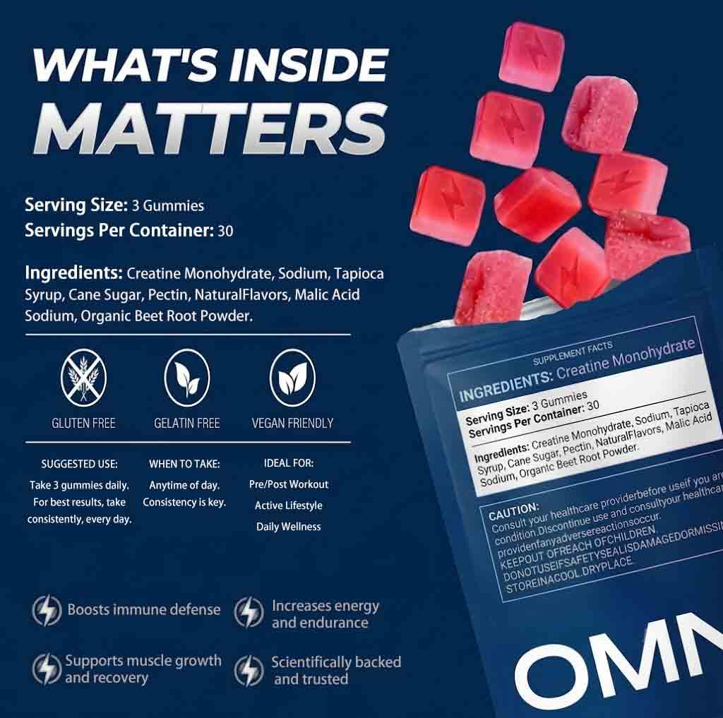 Omni Creatine Gummies gominola partida mostrando el interior y 1 g creatina