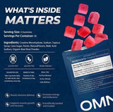 Omni Creatine Gummies gominola partida mostrando el interior y 1 g creatina