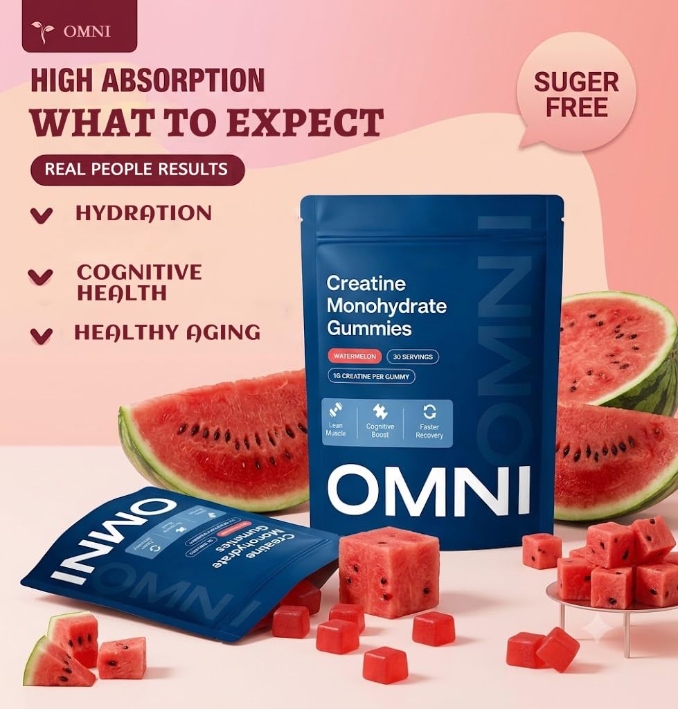 Omni Creatine Gummies primer plano de textura gomosa, fácil de masticar