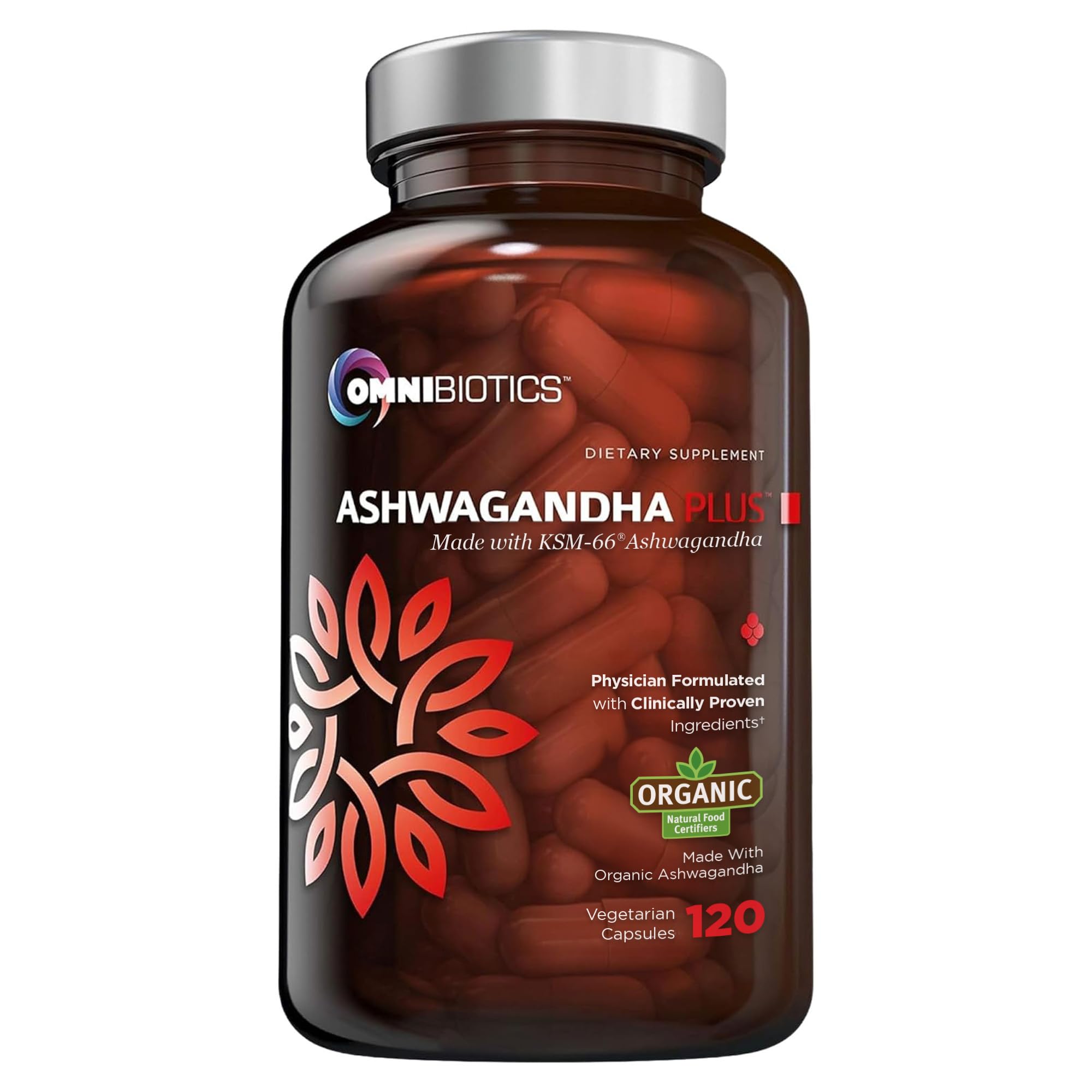 OmniBiotics frasco delantero mostrando 120 cápsulas y beneficios claros