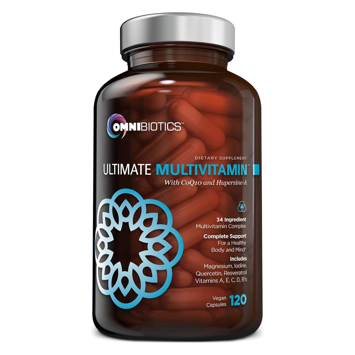 OmniBiotics frasco frontal mostrando diseño y fórmula 34 nutrientes