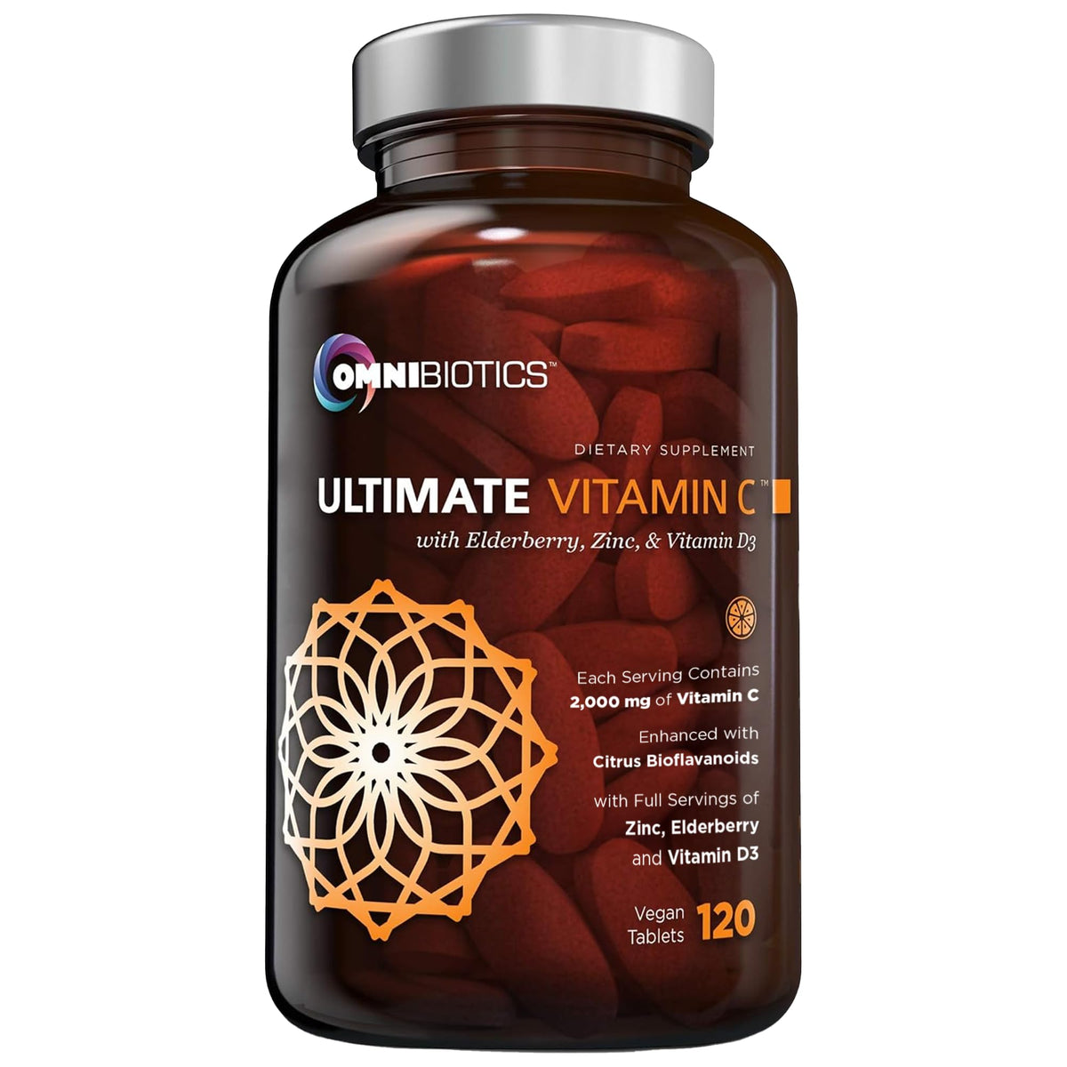 OmniBiotics envase frontal mostrando 120 tabletas y beneficios claros