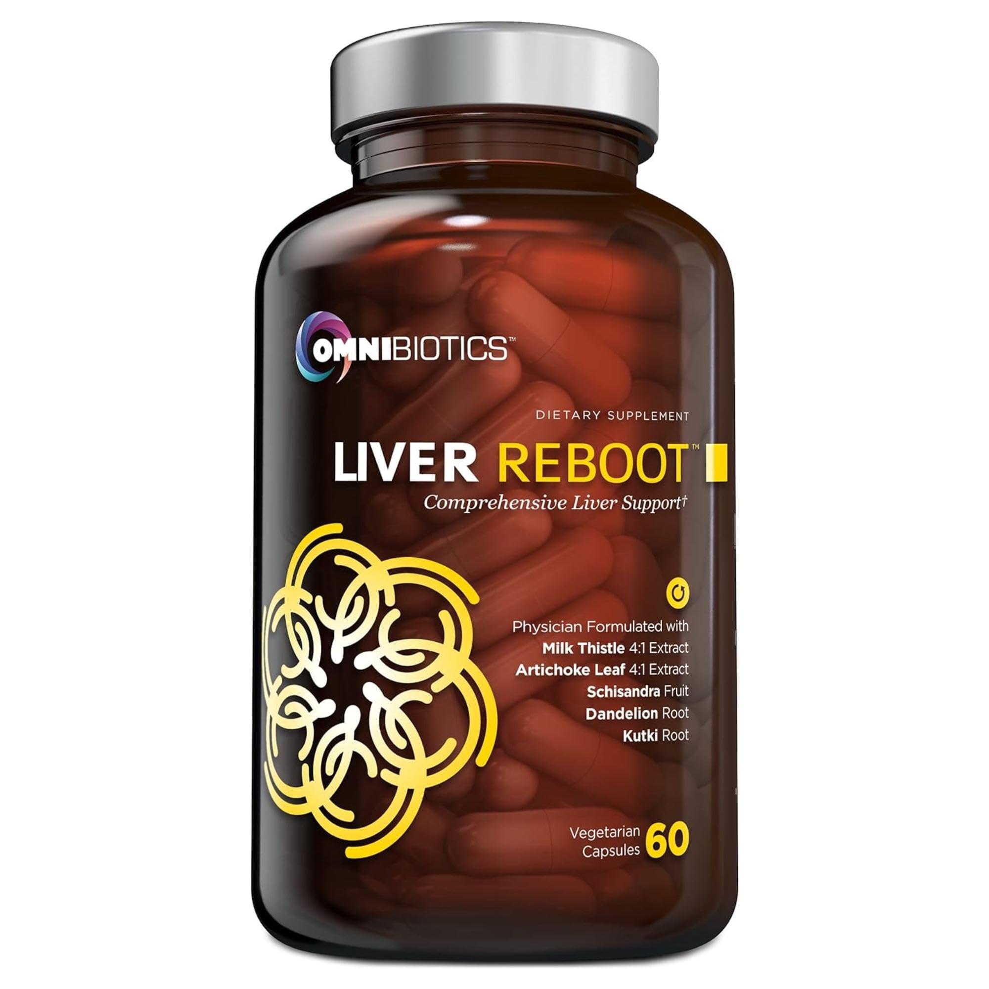 OmniBiotics frontal del envase mostrando etiqueta clara y beneficios