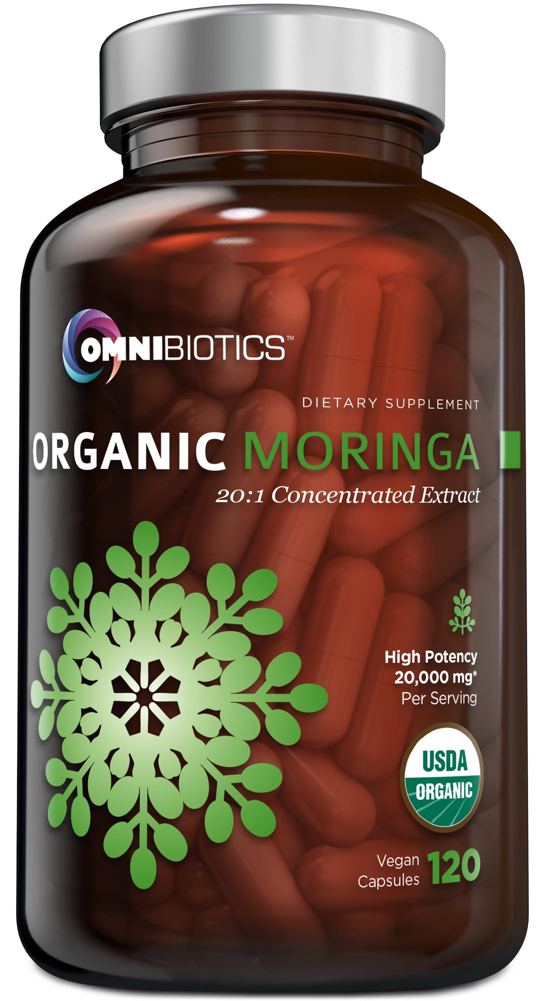 OmniBiotics frasco frontal mostrando 120 cápsulas y beneficios claros