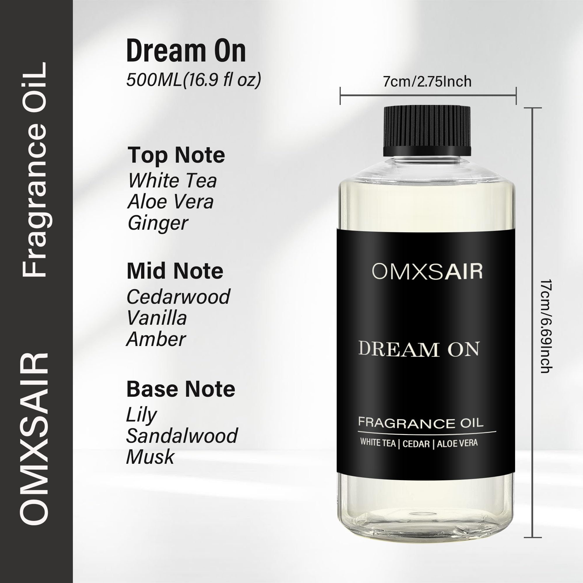 omxsair detalle de etiqueta con notas té blanco vainilla cedro, confirma ingredientes