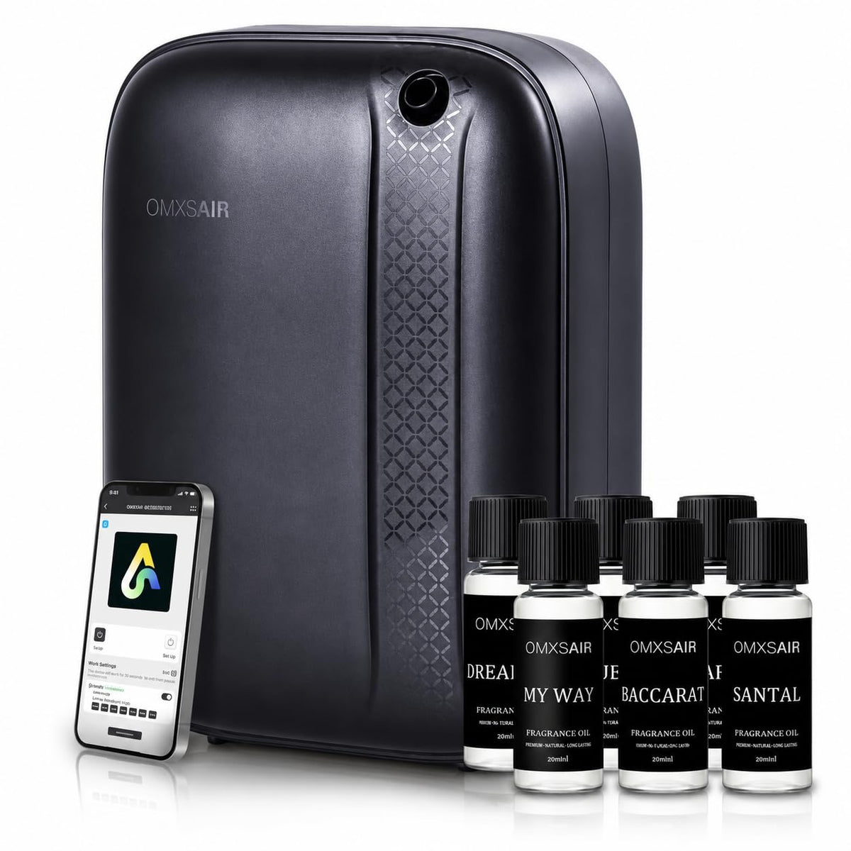omxsair difusor frontal elegante mostrando diseño y beneficio de aroma potente