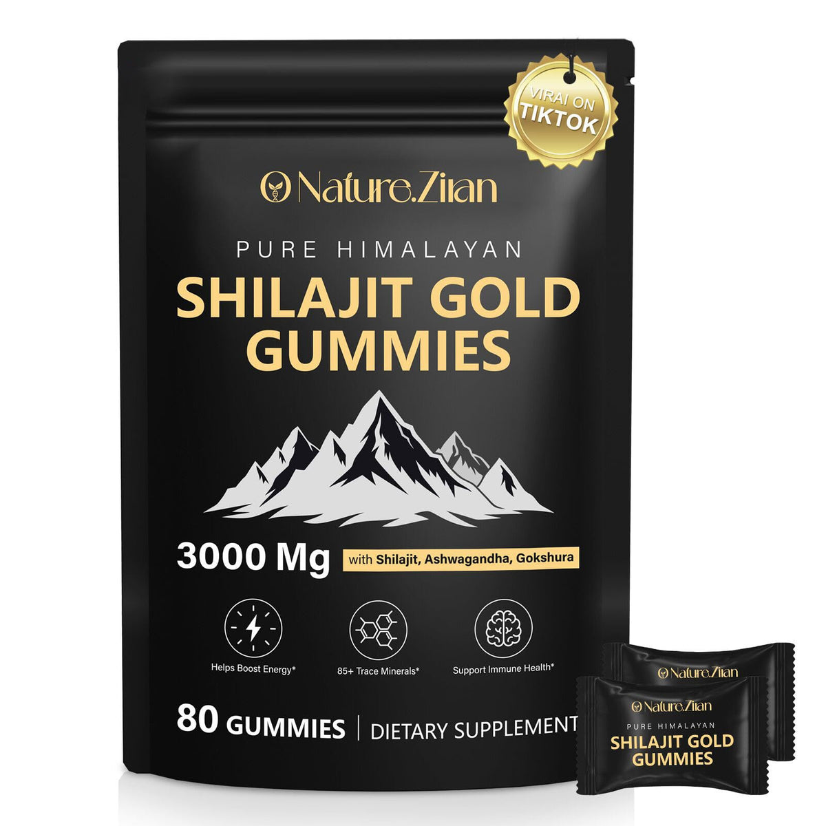 O NATURE . ZIRAN envase frontal de gomitas Shilajit Gold mostrando cantidad y sello vegano