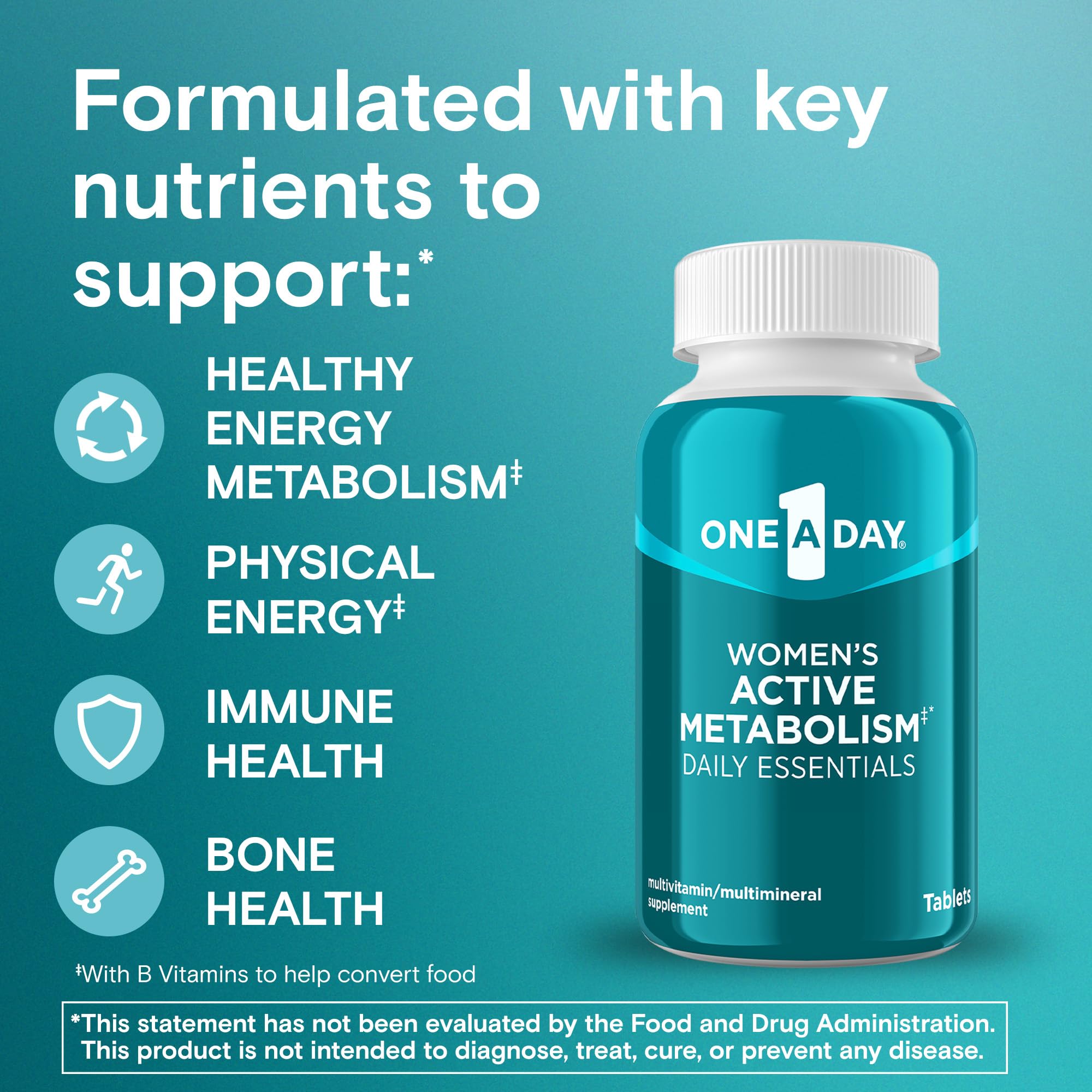 One A Day primer plano de una tableta, muestra textura y tamaño para fácil ingestión