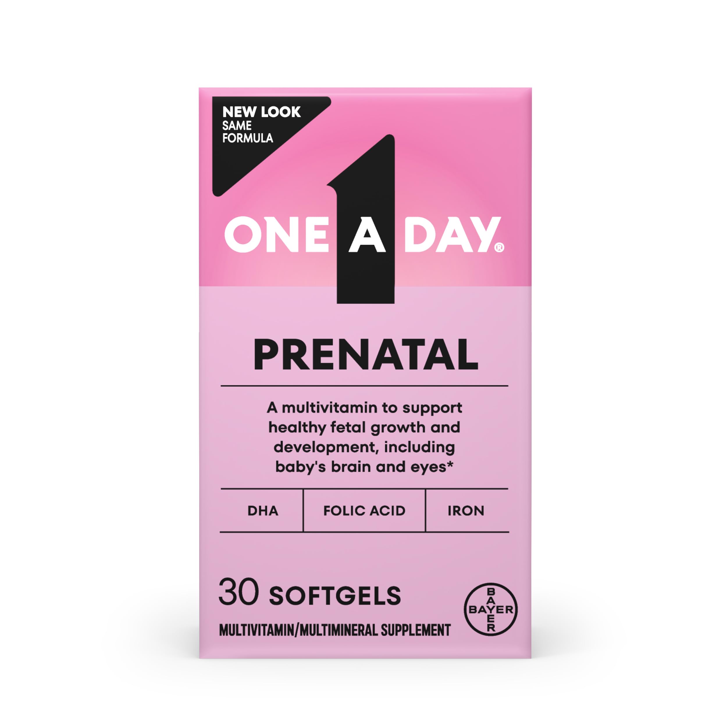 One A Day envase frontal prenatal mostrando beneficios y facilidad de toma