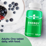 One A Day etiqueta nutricional cercana mostrando vitaminas y contenido de cafeína