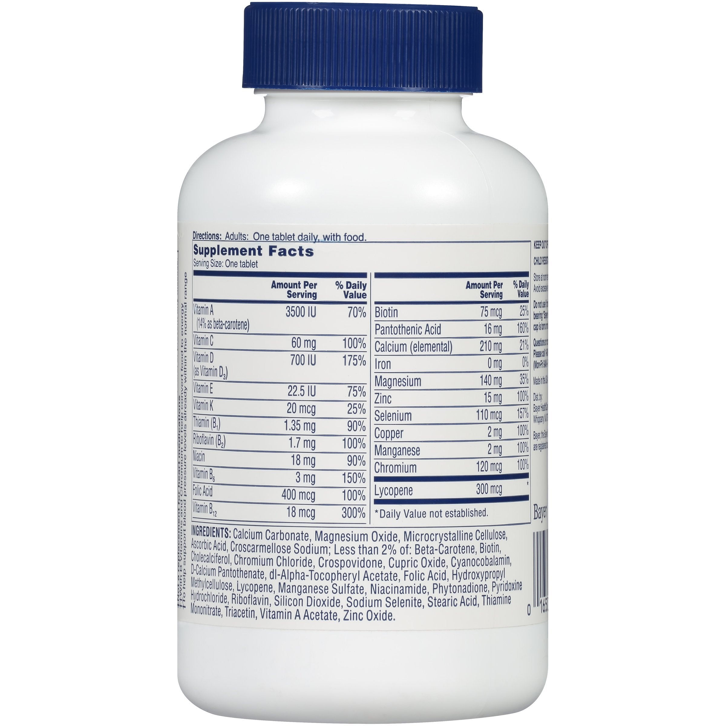 One A Day etiqueta nutricional detallada mostrando dosis y advertencias