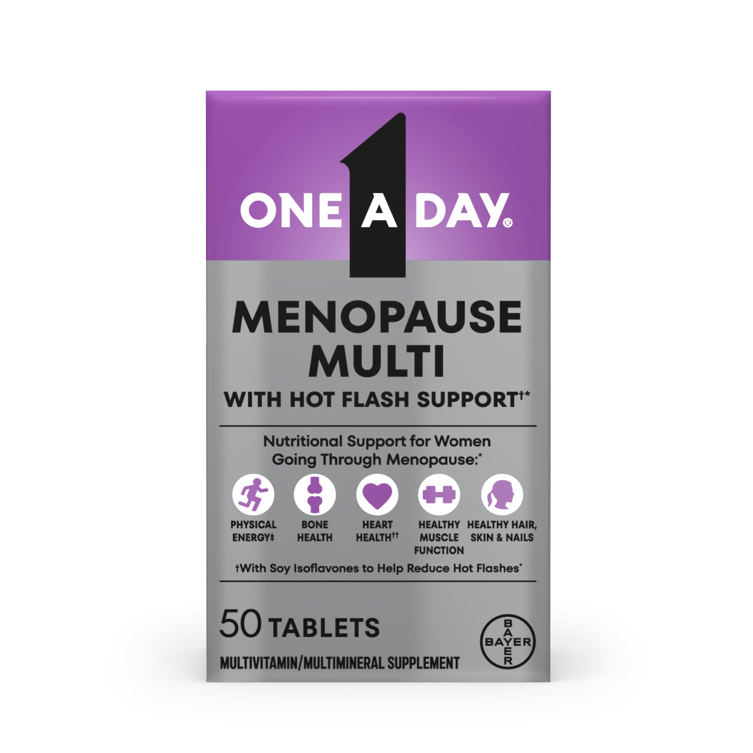 One A Day envase frontal mostrando multivitamínico para menopausia y beneficios