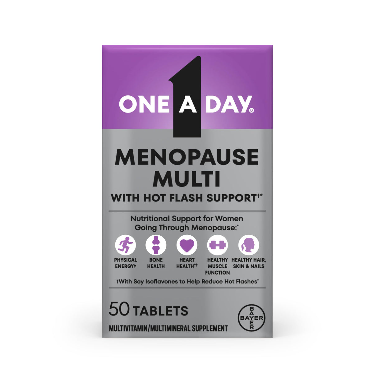 One A Day envase frontal mostrando multivitamínico para menopausia y beneficios