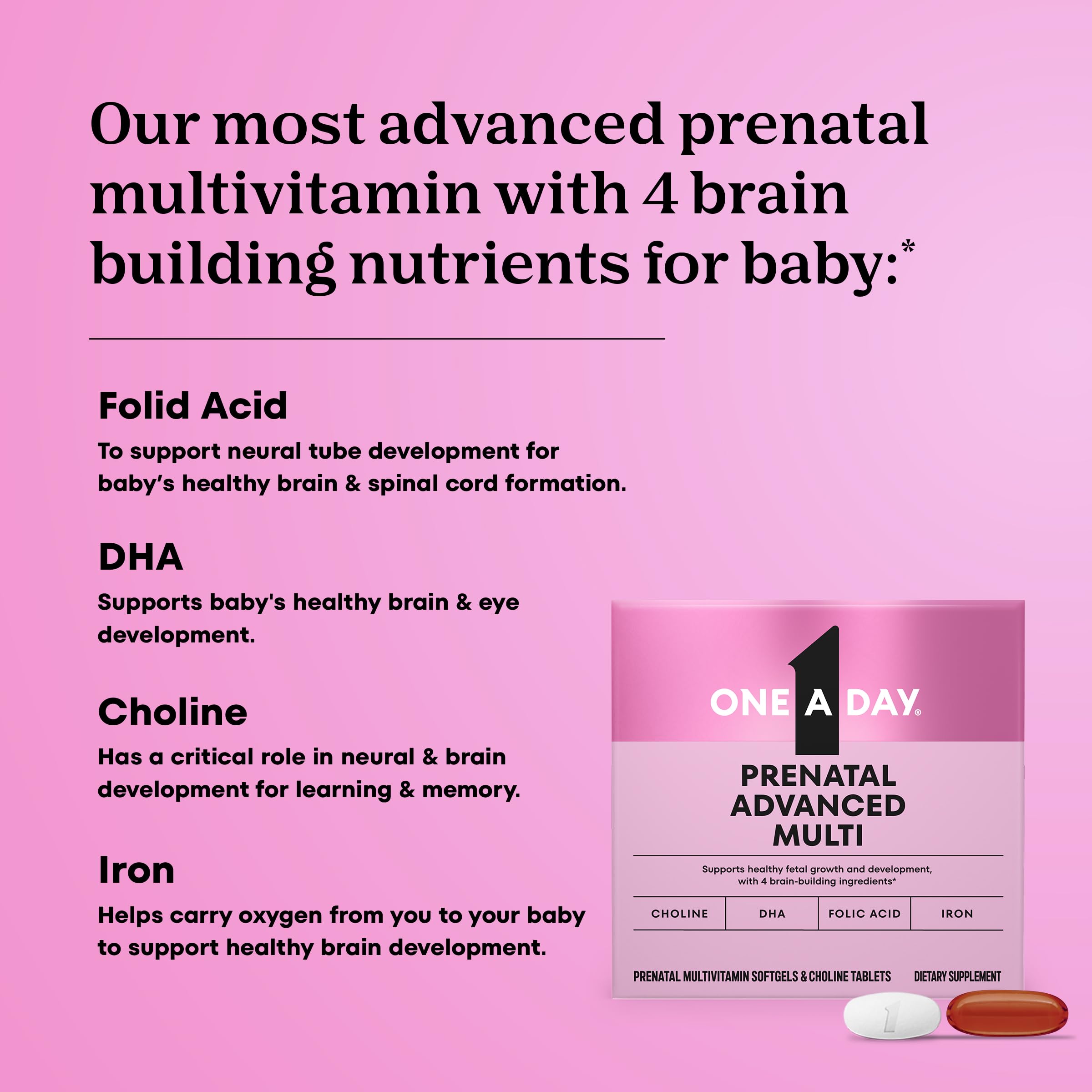 One A Day etiqueta con nutrientes destacando colina, DHA, ácido fólico y hierro para desarrollo