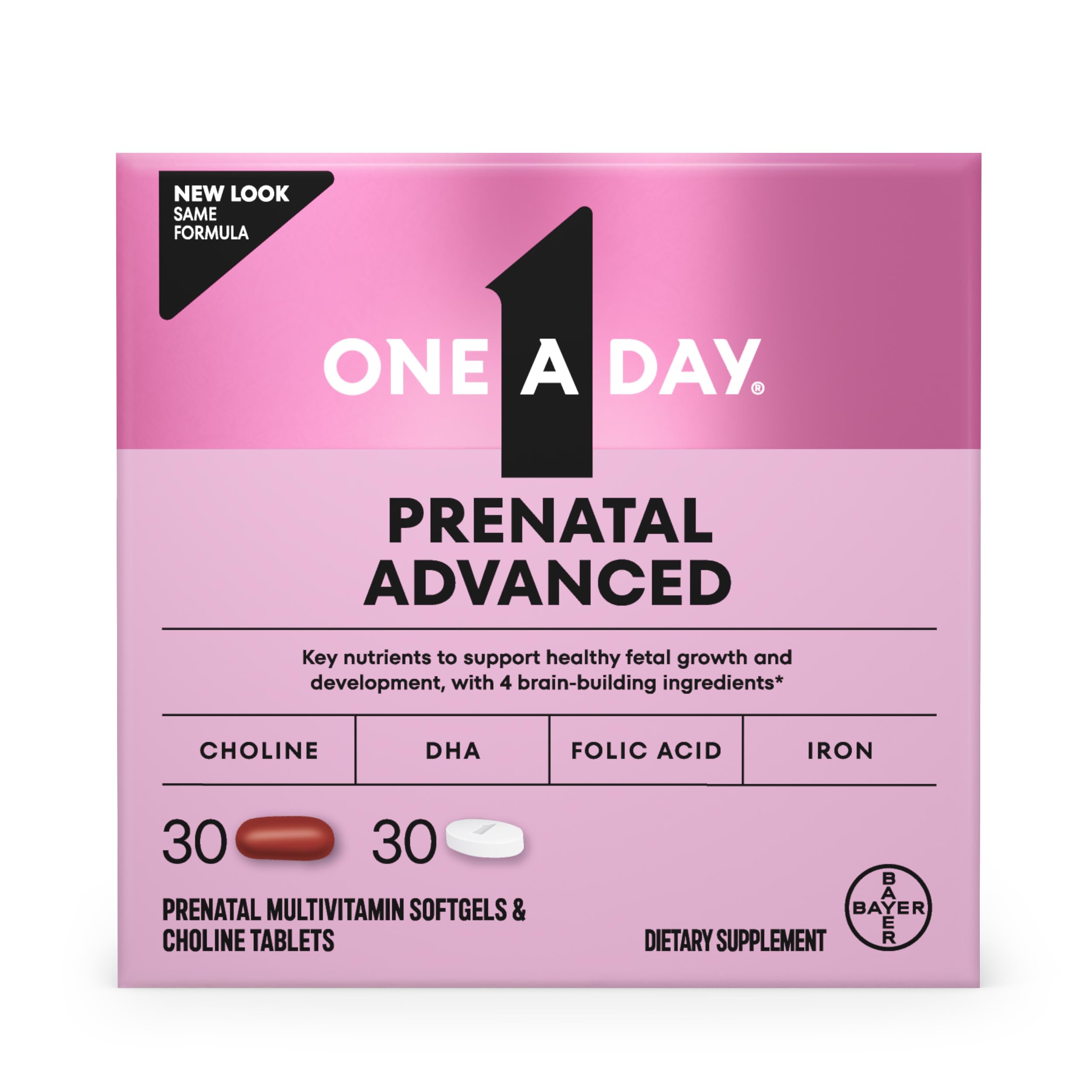 One A Day frente del envase mostrando la presentación de 60 unidades y beneficio de apoyo prenatal