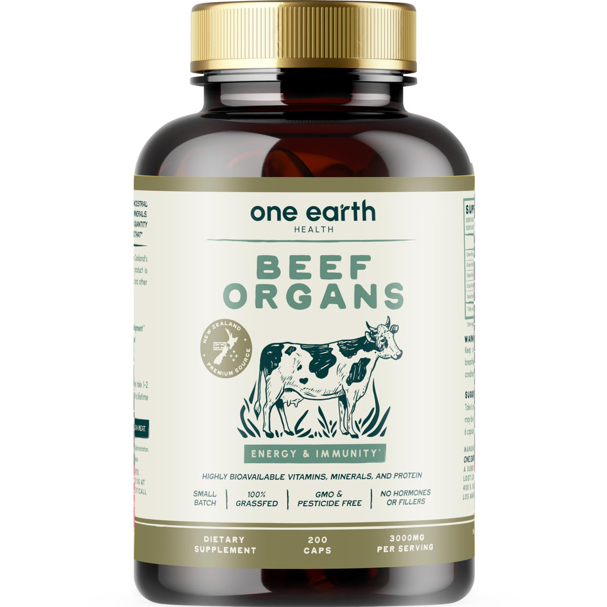 One Earth Health frente del envase mostrando 200 cápsulas y beneficios