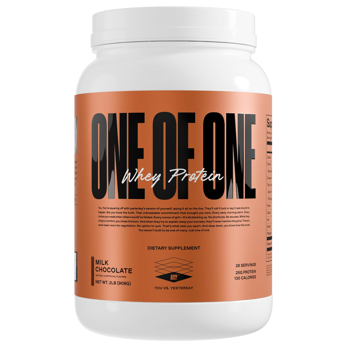 ONE OF ONE envase frontal chocolate con beneficio recuperación muscular
