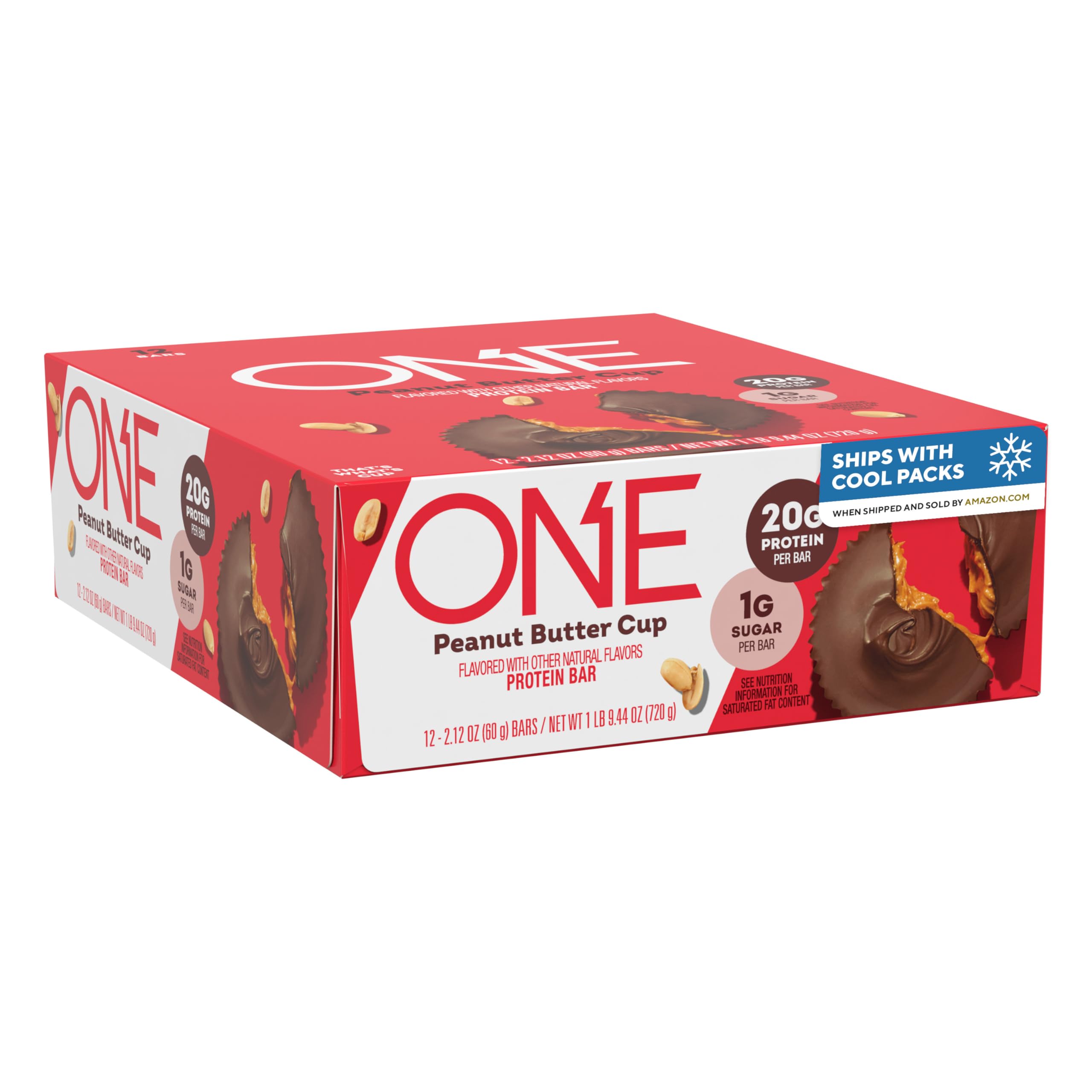 ONE barra frontal mostrando empaque y sabor peanut butter cup, ideal como snack proteico