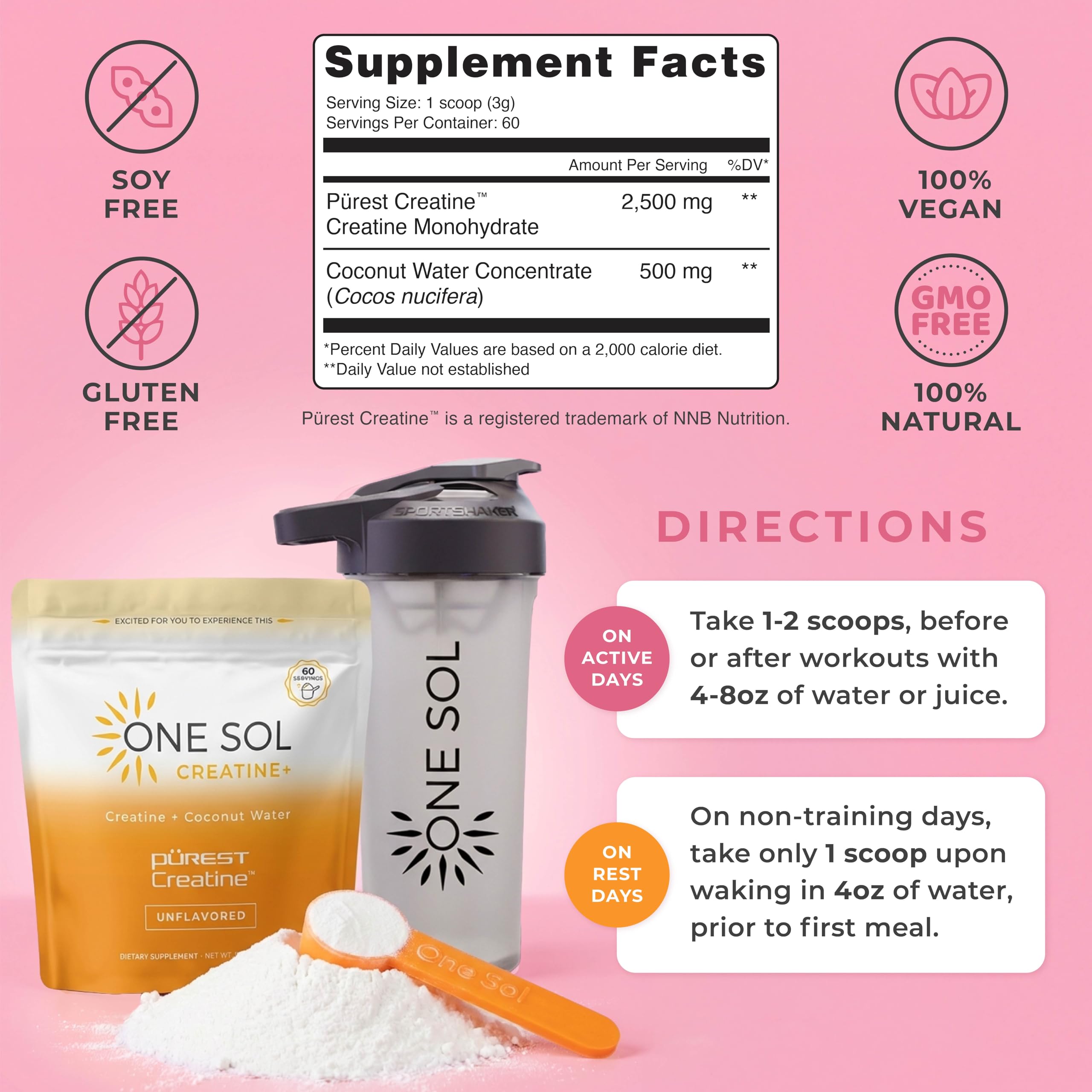 Primer plano etiqueta One Sol con ingredientes veganos y sin gluten, garantía de limpieza